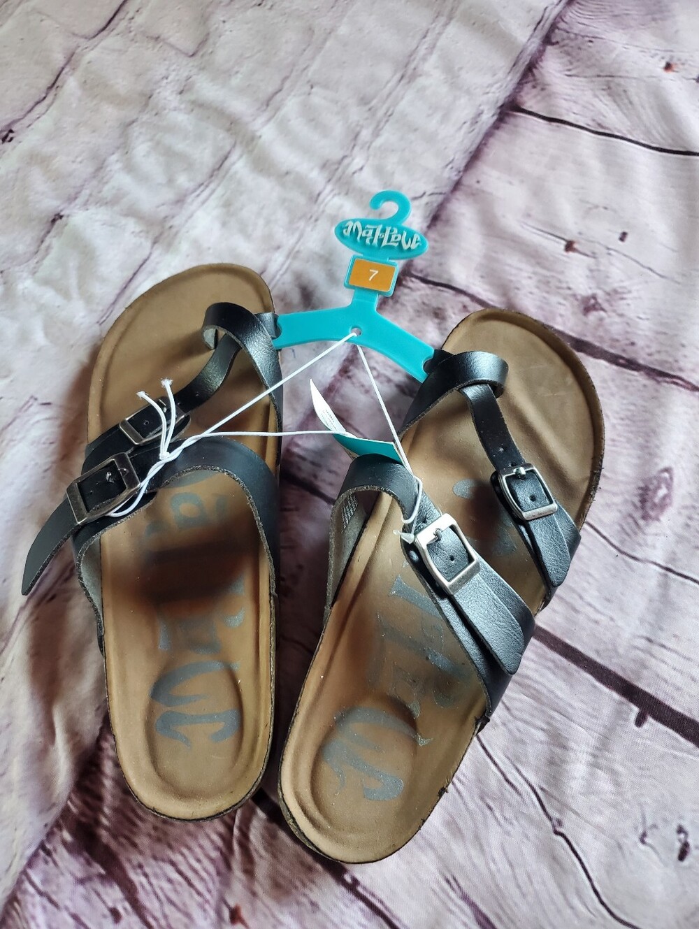 Mad Love Black Double Buckle Slide Sandals Toe Loop Women's Size 7